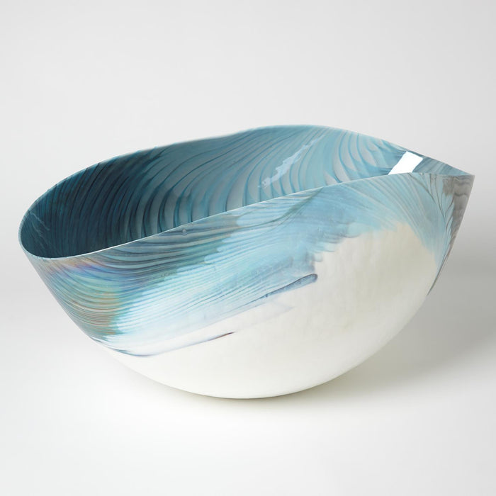 Global Views Ivory Turquoise Feather Swirl Oval Bowl