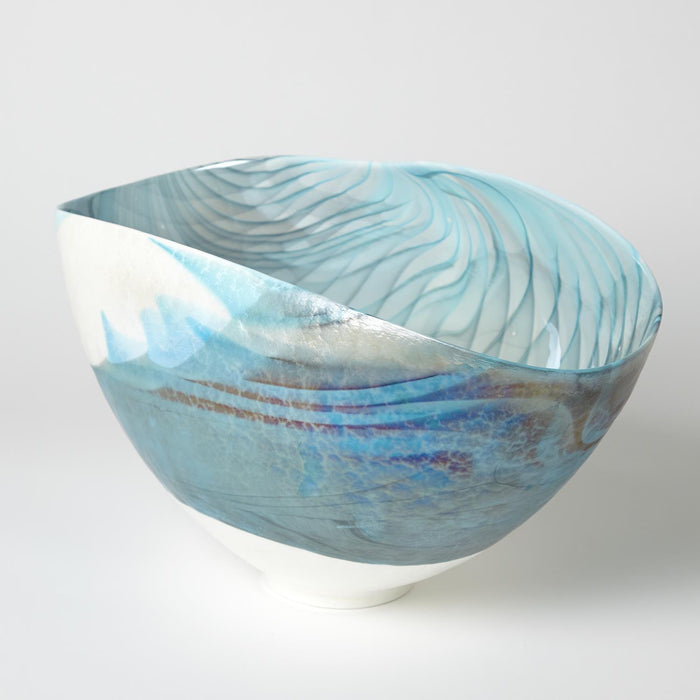 Global Views Ivory Turquoise Feather Swirl Oval Bowl