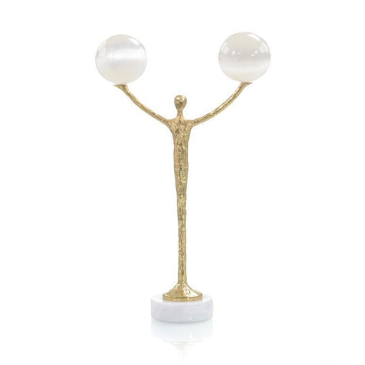 John Richard Brass Figure Balancing Two Selenite Balls